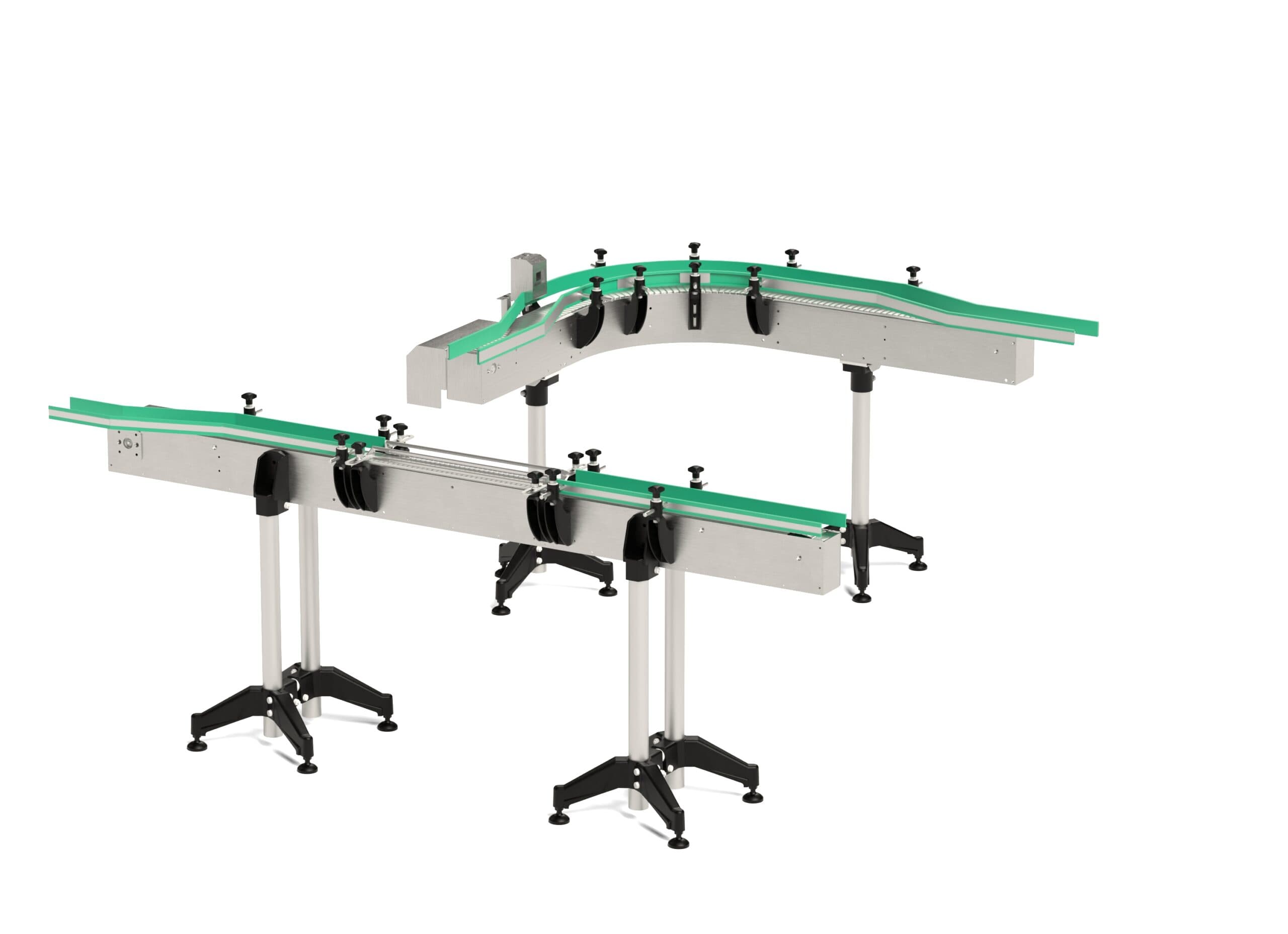 Sistema de charnelas CDE para guía y transporte de envases en línea