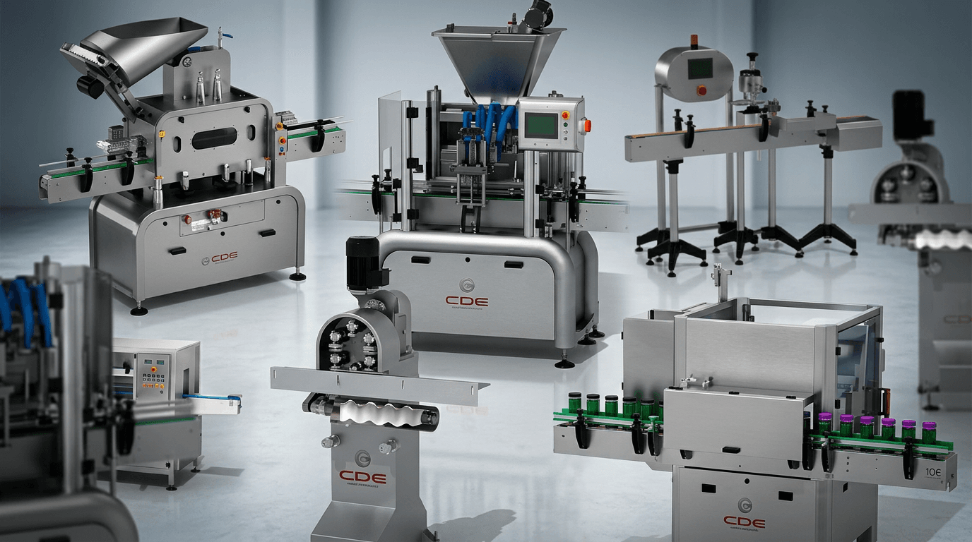 Maquinaria industrial de cerrado y envasado de  CDE Smart Technology￼ para líneas de producción alimentaria, cosmética y farmacéutica.