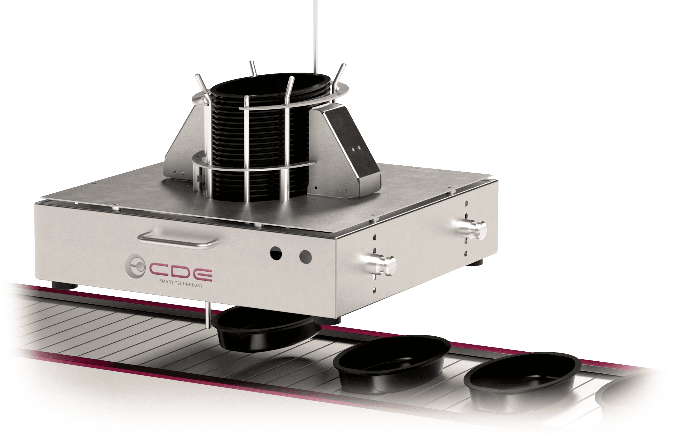 Dispensador de bandejas CDE con transportador integrado para líneas de envasado