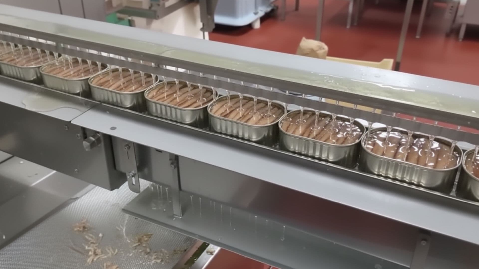 Línea de llenado por rebose con aceite desbordándose en latas de anchoa en conservera industrial