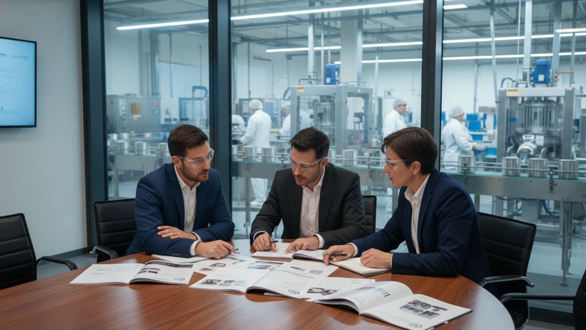 Tres profesionales en una oficina industrial analizando y comparando opciones de máquinas llenadoras para seleccionar el equipo más adecuado para su línea de producción.