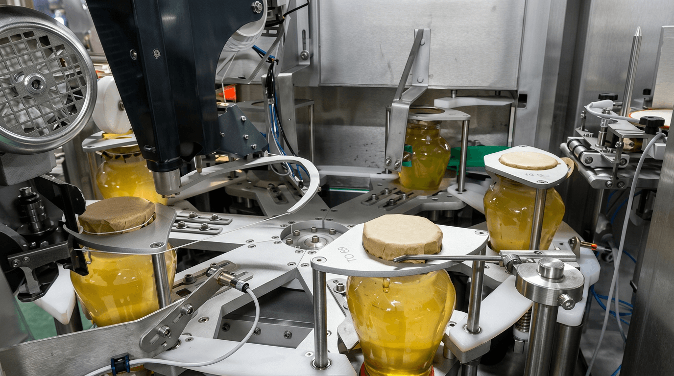maquina cap label poniendo gorretes a tarros de conservas